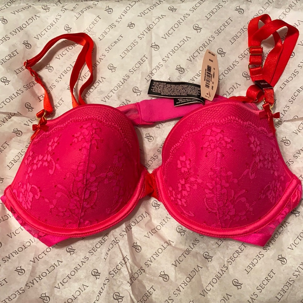 Victoria Secret NWT, very sexy padded Demi size 36B, pink bra with red straps.